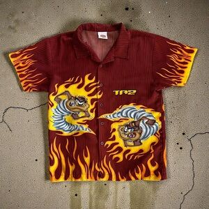 Vintage Y2k Looney Tunes Taz Button-Up Flames Shirt Men’s Small